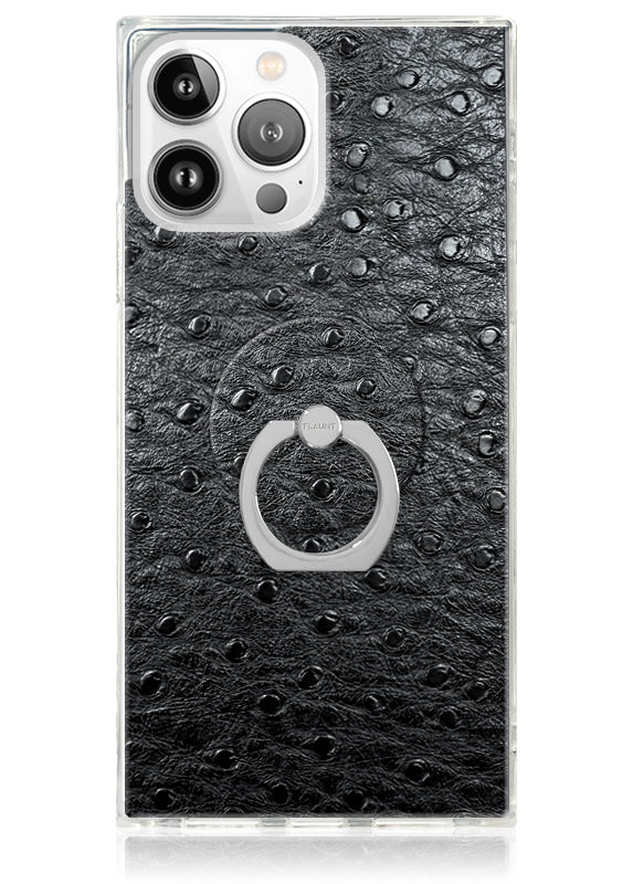 Black Ostrich Faux Leather Adhesive Phone Ring Stand