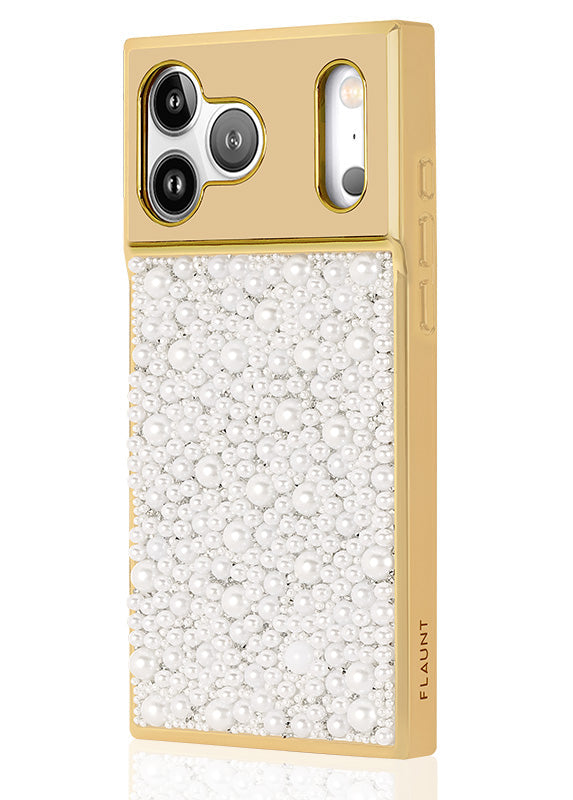 Elite Collection - SQUARE® Gold Metallic Embellished Faux Pearl iPhone Case (Not MagSafe Compatible)